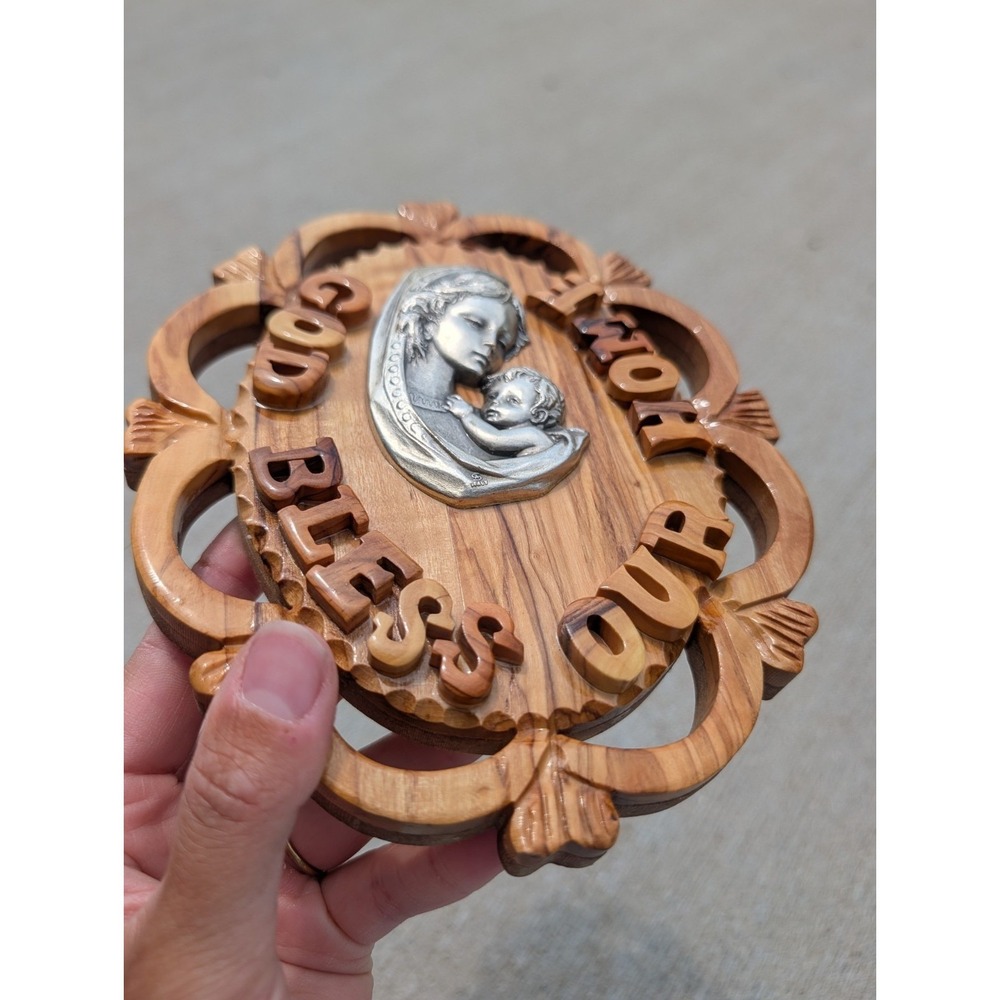 Olive Wood God Bless Our Home Wall Plaque Silver Metal Madonna Child Palestine - Picture 2 of 4